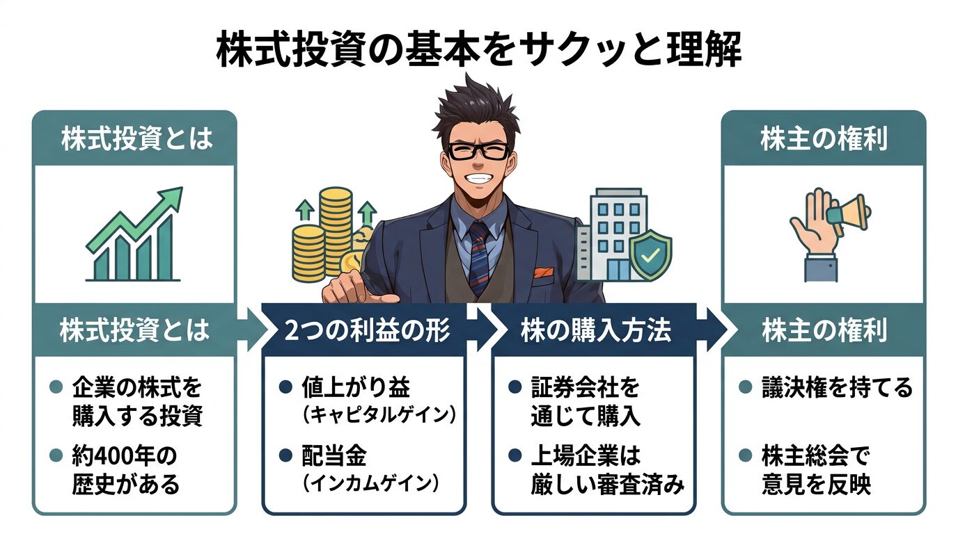 株式投資の基本を解説する図で、株式投資とは何か、2つの利益の形、株の購入方法、株主の権利の4つの項目をスーツ姿の男性を中心に説明したイラスト