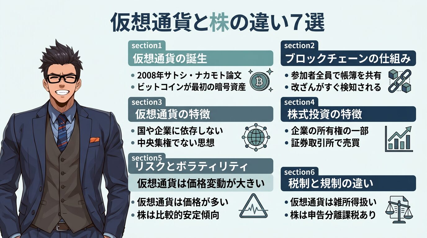 仮想通貨と株の違い7選を説明する図解で眼鏡をかけたスーツ姿の男性と誕生の歴史や仕組みや特徴や危険性や税制の違いを6つの項目に分けて解説した一覧表