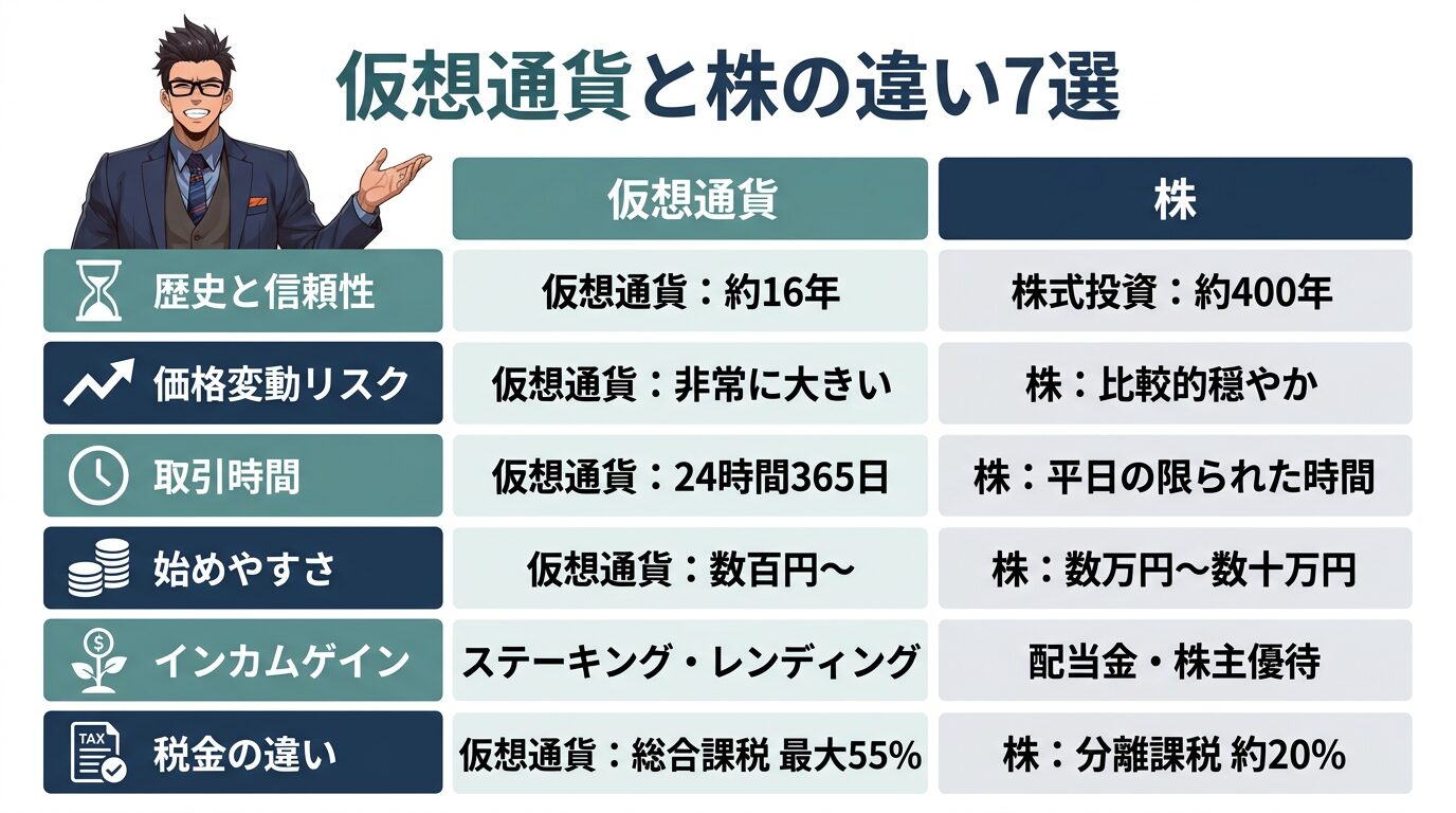 仮想通貨と株式投資の違いを7つの項目で比較した表で歴史や価格変動の大きさ、取引時間、始めやすさ、収益の得方、税金の違いを説明する図解