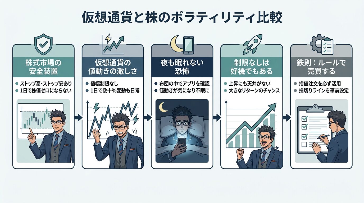 仮想通貨と株式の価格変動の違いを5つの項目で比較した図解で株式市場の安全装置や仮想通貨の激しい値動きや夜間取引の恐怖や制限なしの好機や売買ルールを説明するイラスト