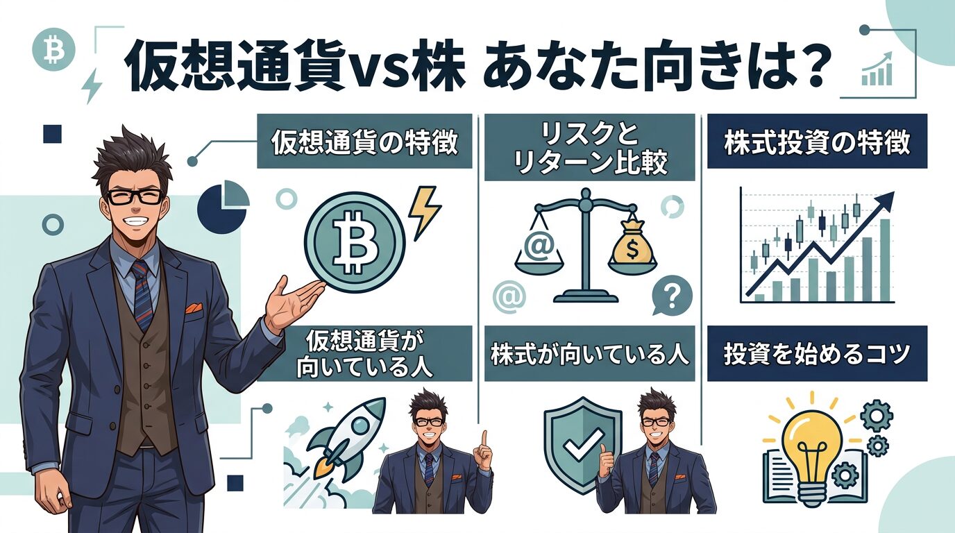 仮想通貨と株式投資の特徴やリスクとリターンの比較を説明する6つのセクションで構成された投資解説図
