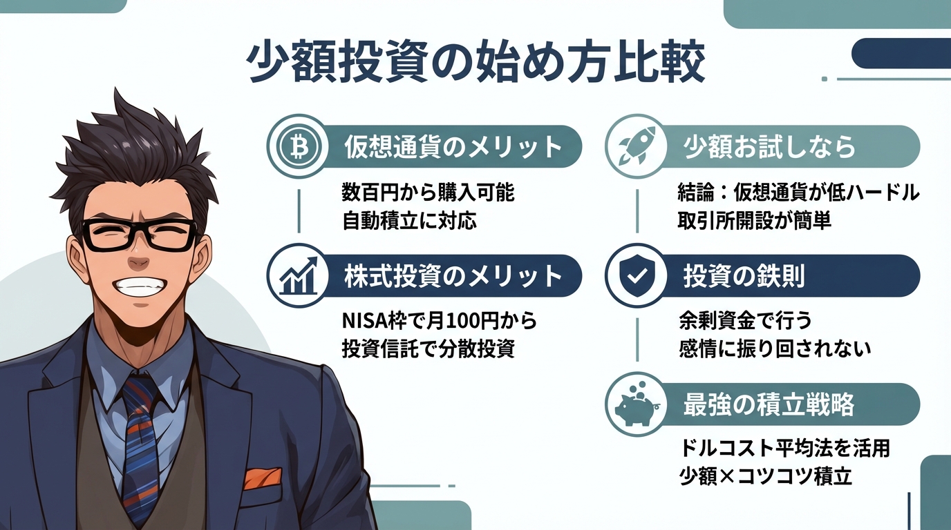 少額投資の始め方を説明する眼鏡をかけたスーツ姿の男性と仮想通貨や株式投資のメリットや投資の鉄則をまとめた図解