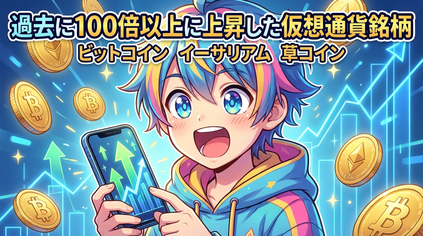 過去に100倍以上に上昇した仮想通貨銘柄ビットコインイーサリアム草コインの価格上昇を喜ぶアニメキャラクターとスマートフォンの画面に表示された上昇チャート
