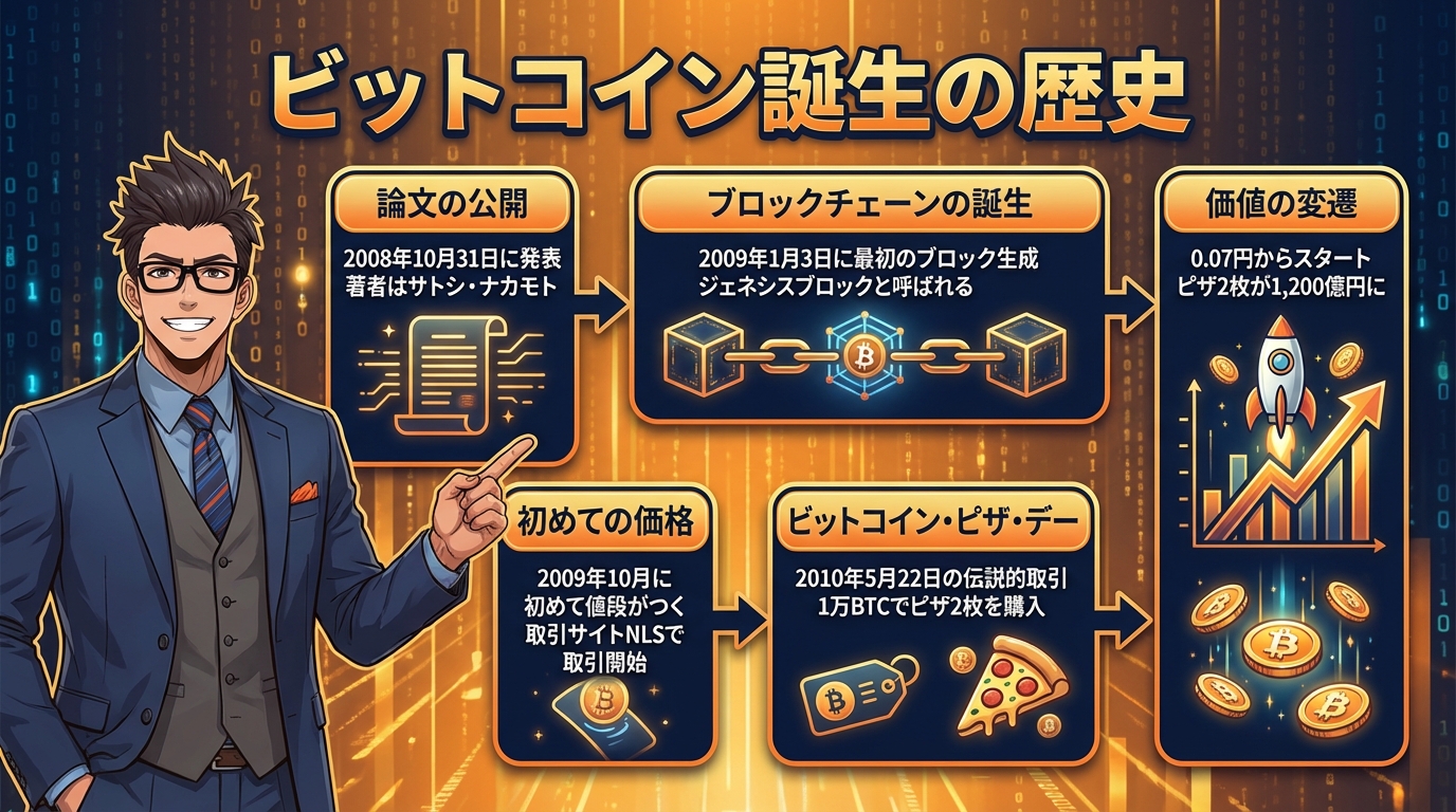 ビットコイン誕生の歴史を説明する図解で2008年の論文公開から2010年のピザ購入までの主要な出来事を時系列で示したインフォグラフィック