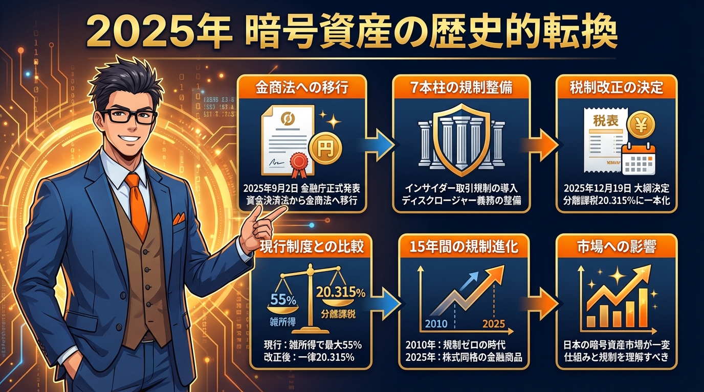 2025年暗号資産の歴史的転換を説明する図解で金融商品取引法への移行や7本柱の規制整備や税制改正の決定など6つの重要項目を矢印で示したスーツ姿の男性による解説画像