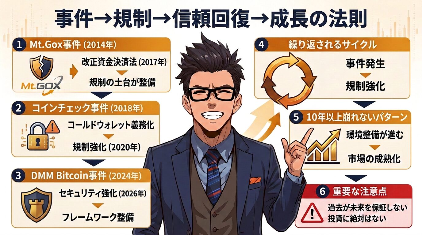 仮想通貨業界における事件から規制強化を経て信頼回復と成長に至る法則を説明する図解で眼鏡をかけたスーツ姿の男性が中央に立ち左側にマウントゴックス事件やコインチェック事件などの3つの主要事件と規制対応が時系列で示され右側に繰り返される周期パターンと10年以上崩れない成長の流れが矢印とグラフで表現され下部に投資における重要な注意点が記載されている