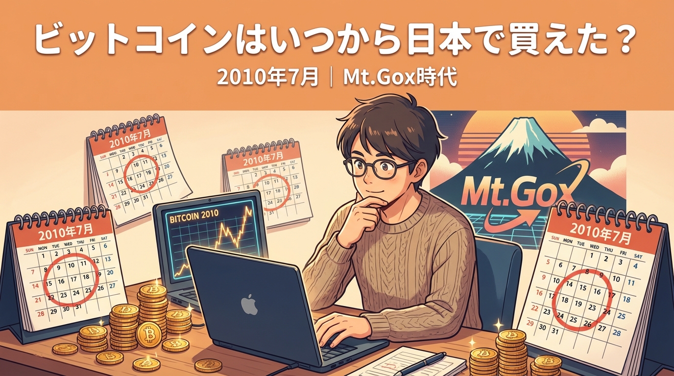 2010年7月のマウントゴックス時代にビットコインがいつから日本で買えたかを調べる眼鏡をかけた男性がノートパソコンで調査している様子とビットコインの価格チャートと複数のカレンダーと仮想通貨のコイン