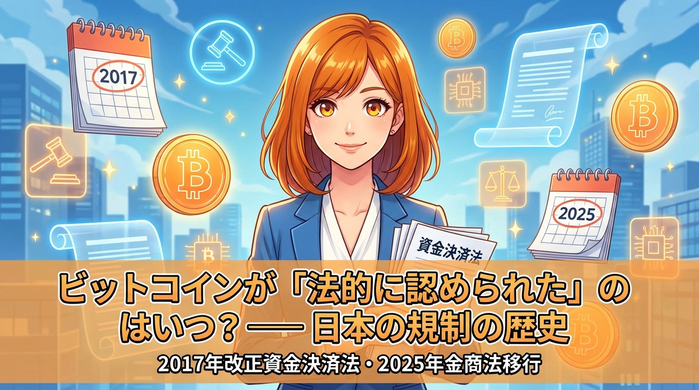 仮想通貨決済法の書類を持つ女性と2017年から2025年の日本における仮想通貨の法律規制の歴史を示す図解