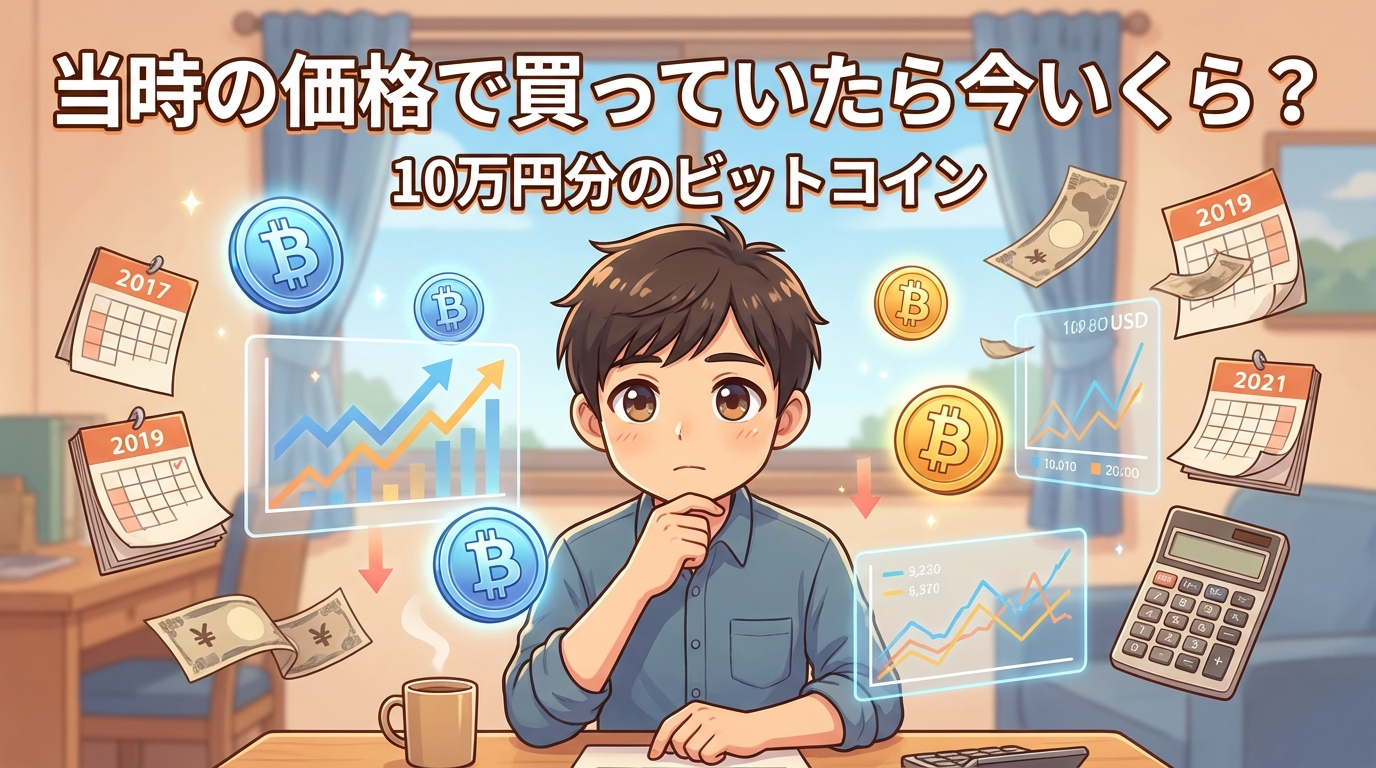 10万円分の仮想通貨を当時買っていたら今いくらになるか考える男性と価格変動を示す図や複数年のカレンダー