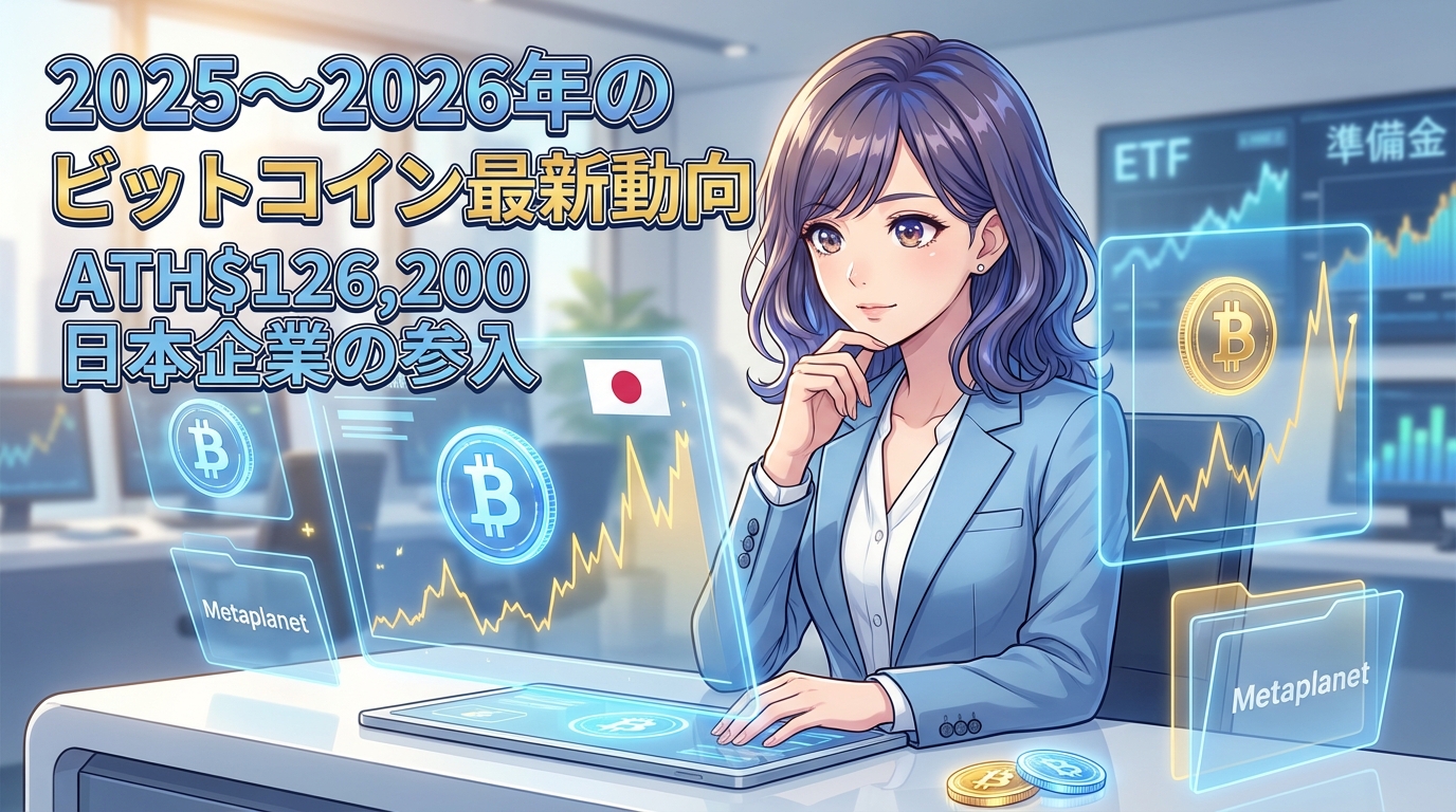 2025年から2026年のビットコイン最新動向を説明するビジネススーツの女性と仮想通貨の価格チャート画面