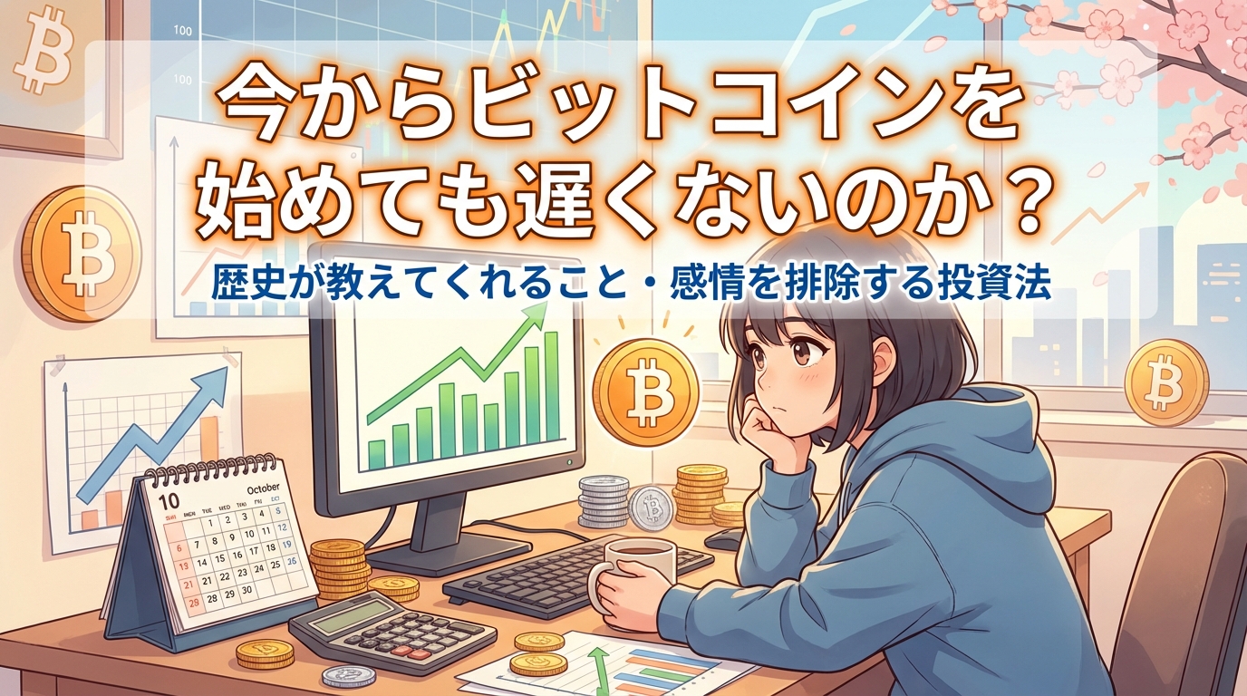 今からビットコインを始めても遅くないのか悩む女性が価格変動グラフとコインを見ながら投資を検討している様子