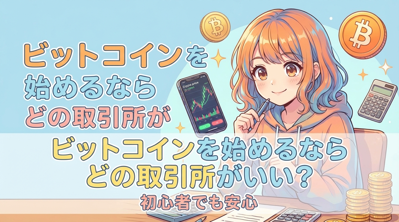 ビットコインを始めるならどの取引所がいいか考える女性とスマートフォンの価格チャート画面と電卓とコインのイラスト