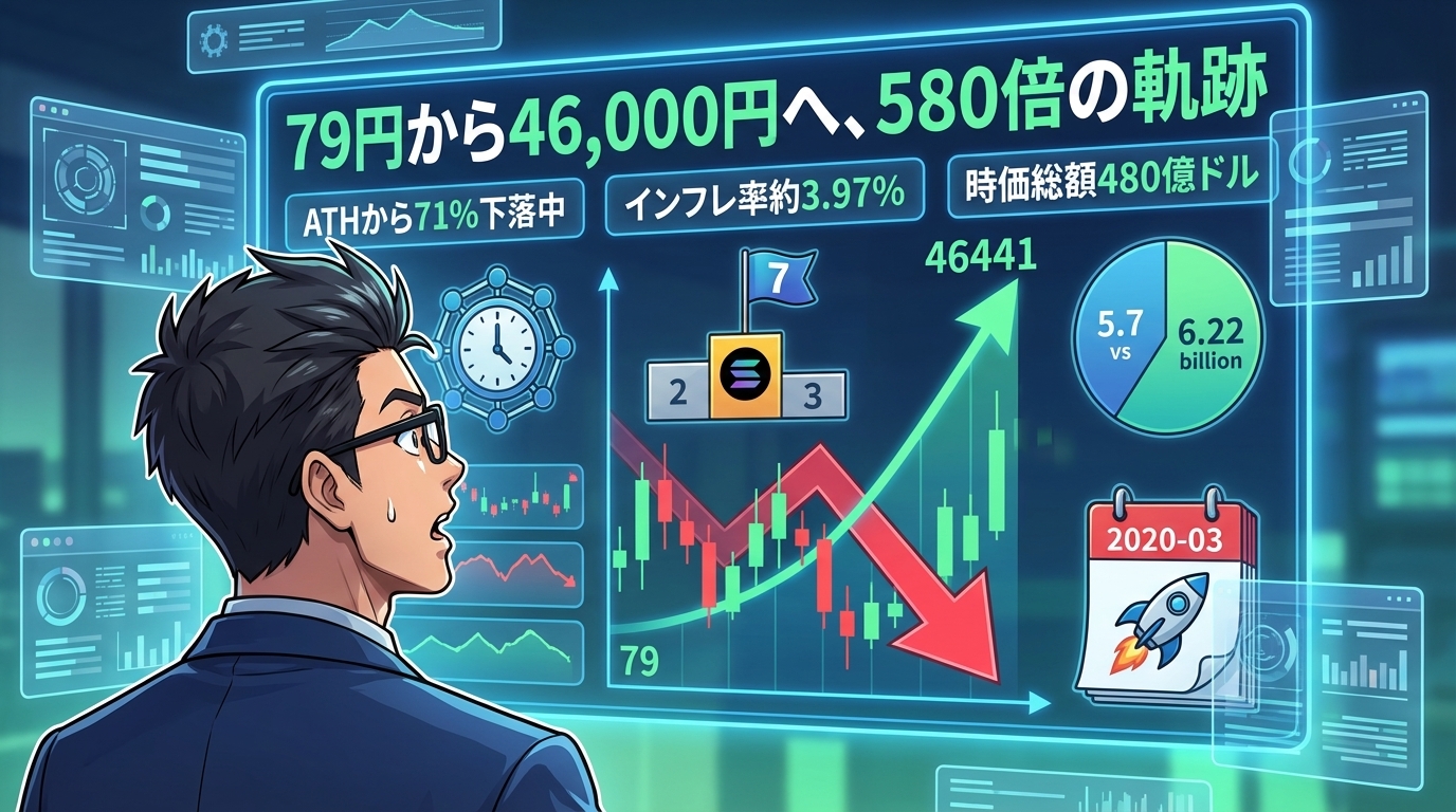 79円から46000円へ580倍に値上がりした仮想通貨の価格変動グラフを見るスーツ姿の男性