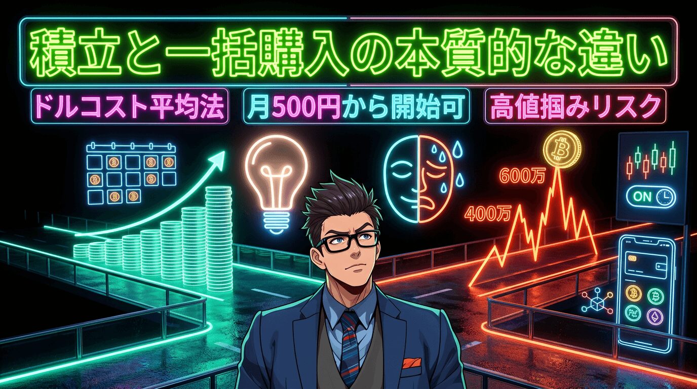積立と一括購入の本質的な違いを示す図で、左側にドルコスト平均法と月500円から開始可能の文字と積み上がるコインのイラスト、中央に眼鏡をかけたスーツ姿の男性と電球のアイコン、右側に高値掴みリスクの文字と600万から400万へ下落する価格変動グラフと泣いている仮面のイラストを配置したネオン風デザインの投資説明画像