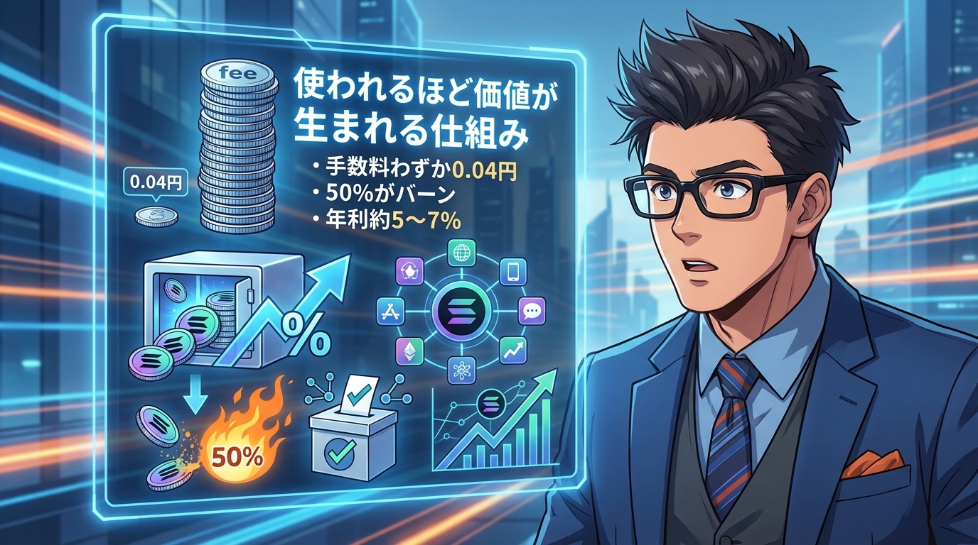 手数料0.04円と50%還元と年利5から7%の仮想通貨の仕組みを説明するビジネスマンと投資の図解