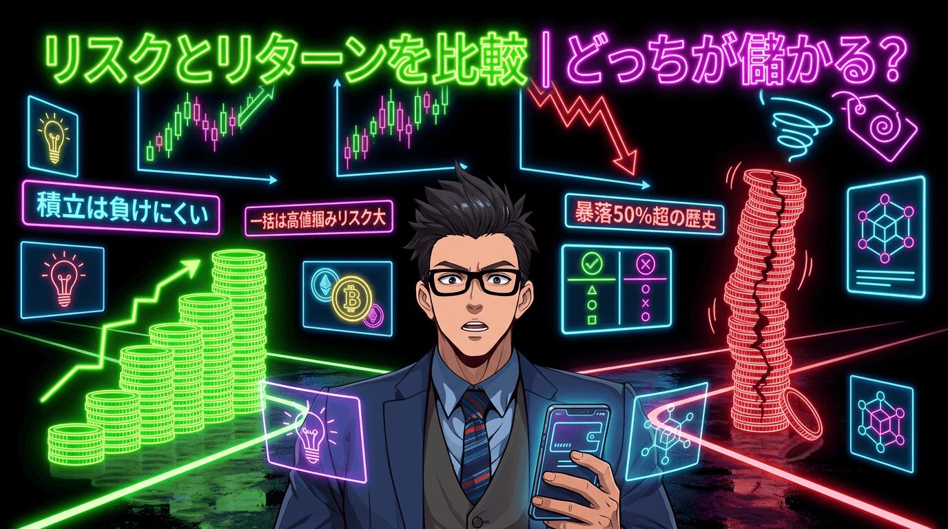 投資のリスクと利益を比較する眼鏡をかけたビジネスマンと緑色の積み上がったコインと赤色の暴落したコインのネオン風イラスト