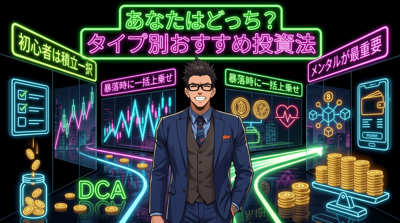 あなたはどっち タイプ別おすすめ投資法と題した暗号資産投資の解説画像で初心者向けの積立方式や暴落時の一括購入など投資戦略を示すネオン風のグラフィックと眼鏡をかけたスーツ姿の男性とビットコインや財布のアイコンが描かれたイラスト