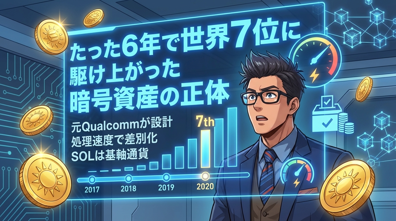 たった6年で世界7位に駆け上がった暗号資産の正体を説明する図解とスーツ姿の男性