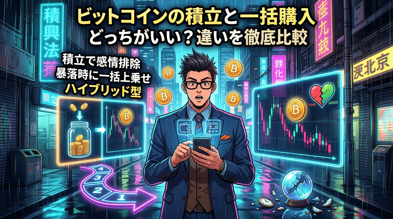 ビットコインの積立と一括購入の比較を説明する画像で眼鏡をかけたビジネスマンがスマートフォンを持ち価格チャートとコインのイラストが周囲に配置されている