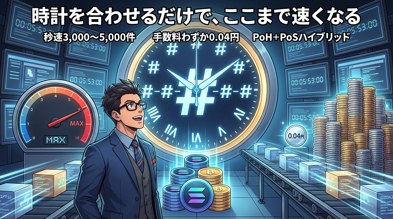 秒速3000から5000件の高速処理で手数料わずか0.04円のPoH+PoS方式による仮想通貨取引の速さを時計と速度計で表現したイラスト