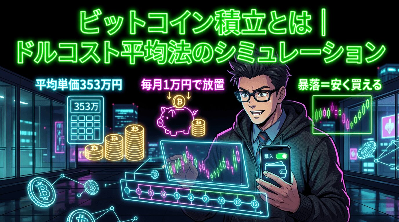 ビットコイン積立とドルコスト平均法の解説をする眼鏡をかけた男性とノートパソコンと仮想通貨のグラフや貯金箱のイラスト