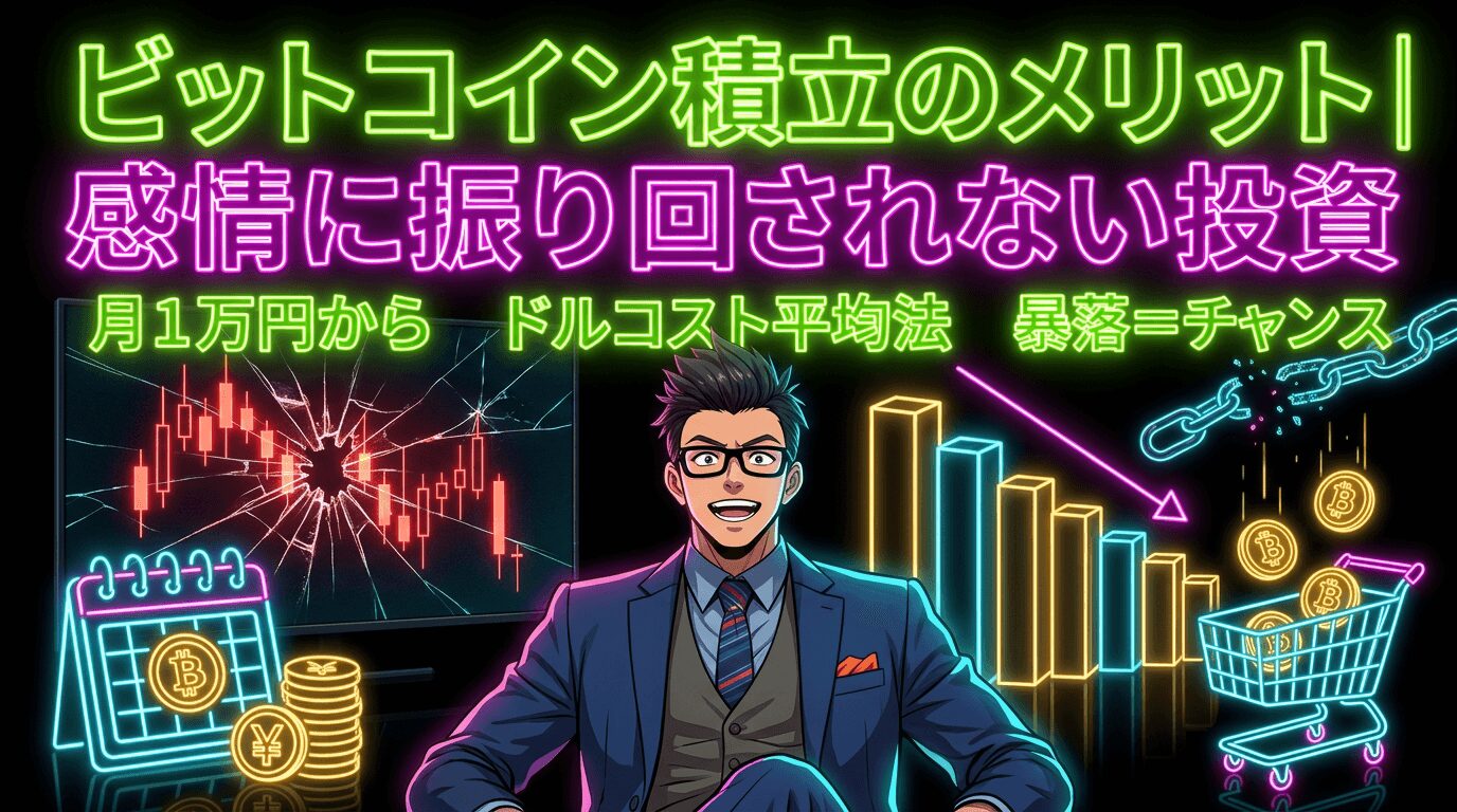 仮想通貨積立のメリットを説明する眼鏡をかけたスーツ姿の男性と価格チャートや買い物かごに入ったコインの図解