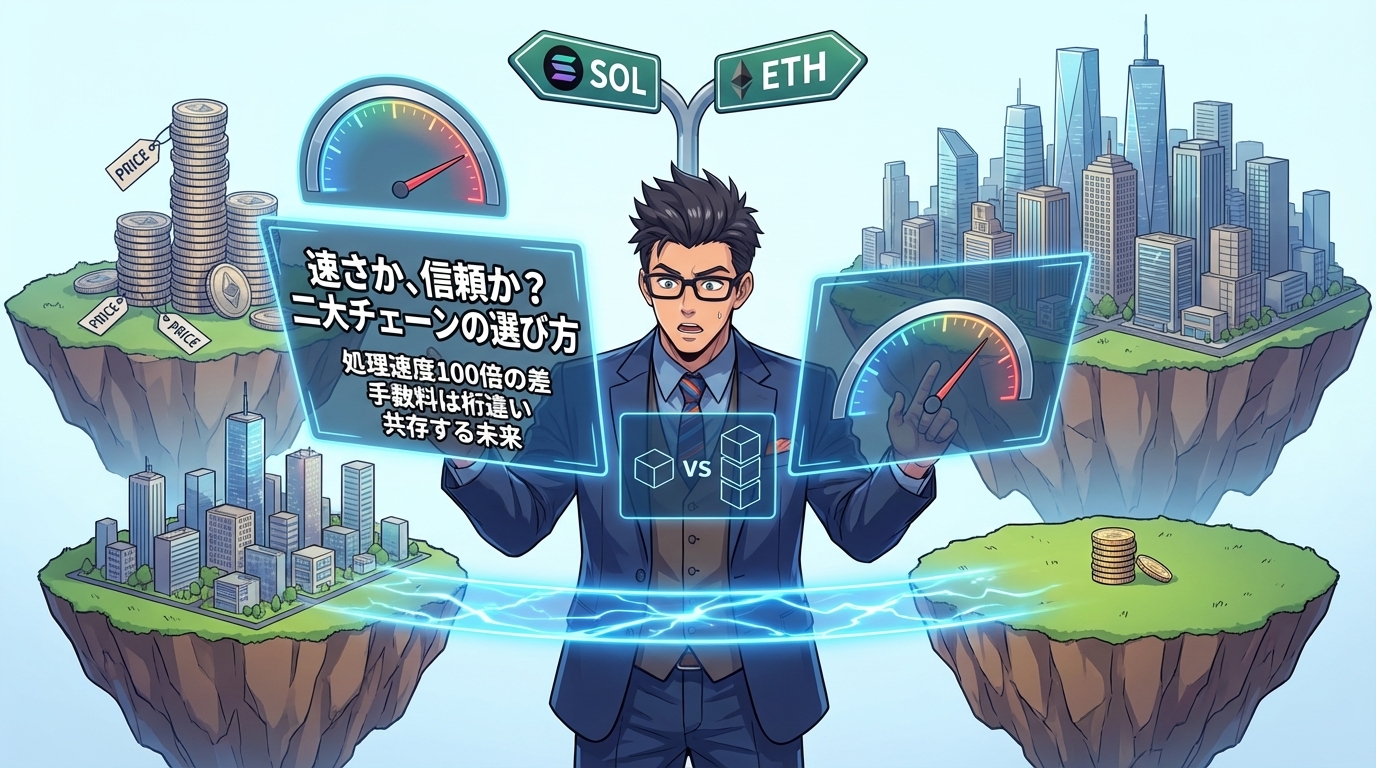 ソラナとイーサリアムの二大暗号資産を比較する眼鏡をかけたビジネスマンと処理速度や手数料の違いを示す速度計や仮想通貨のイラスト
