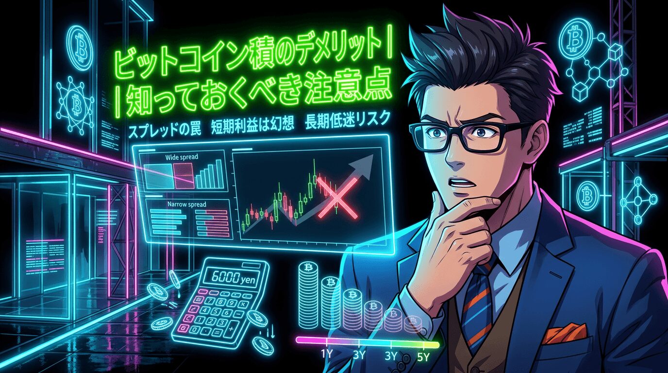 ビットコイン積立の良い点と知っておくべき注意点を説明する眼鏡をかけたスーツ姿の男性と価格変動グラフや電卓が表示された未来的な画面