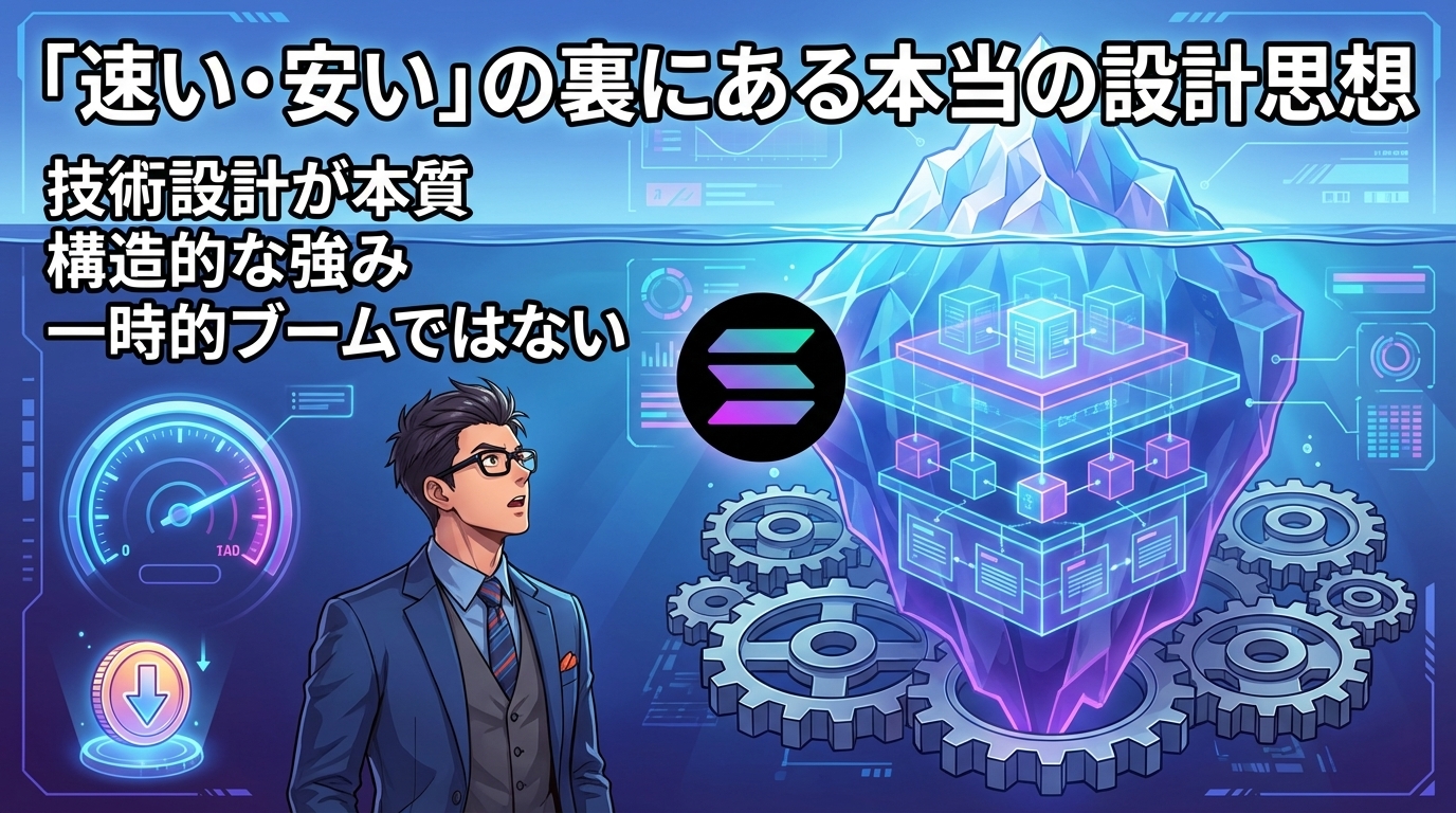 速さと安さの裏にある設計思想を説明する技術的な図解とスーツ姿の男性が歯車や立体構造を見上げている様子