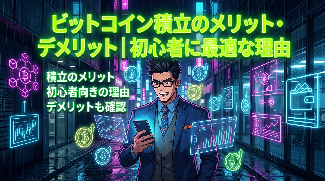 スマートフォンを持つスーツ姿の男性と仮想通貨の価格チャートやビットコインのマークが浮かぶ未来的な街並みの画像でビットコイン積立のメリットとデメリットを初心者に最適な理由として解説