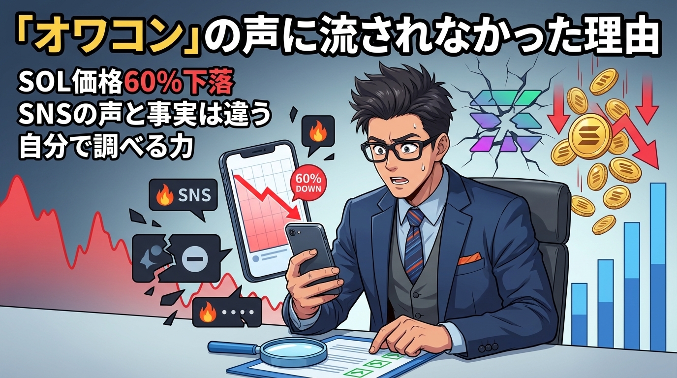 SOL価格60%下落を示すスマートフォンを見て驚くスーツ姿の男性と仮想通貨の下落を表す赤い矢印とコインの図解