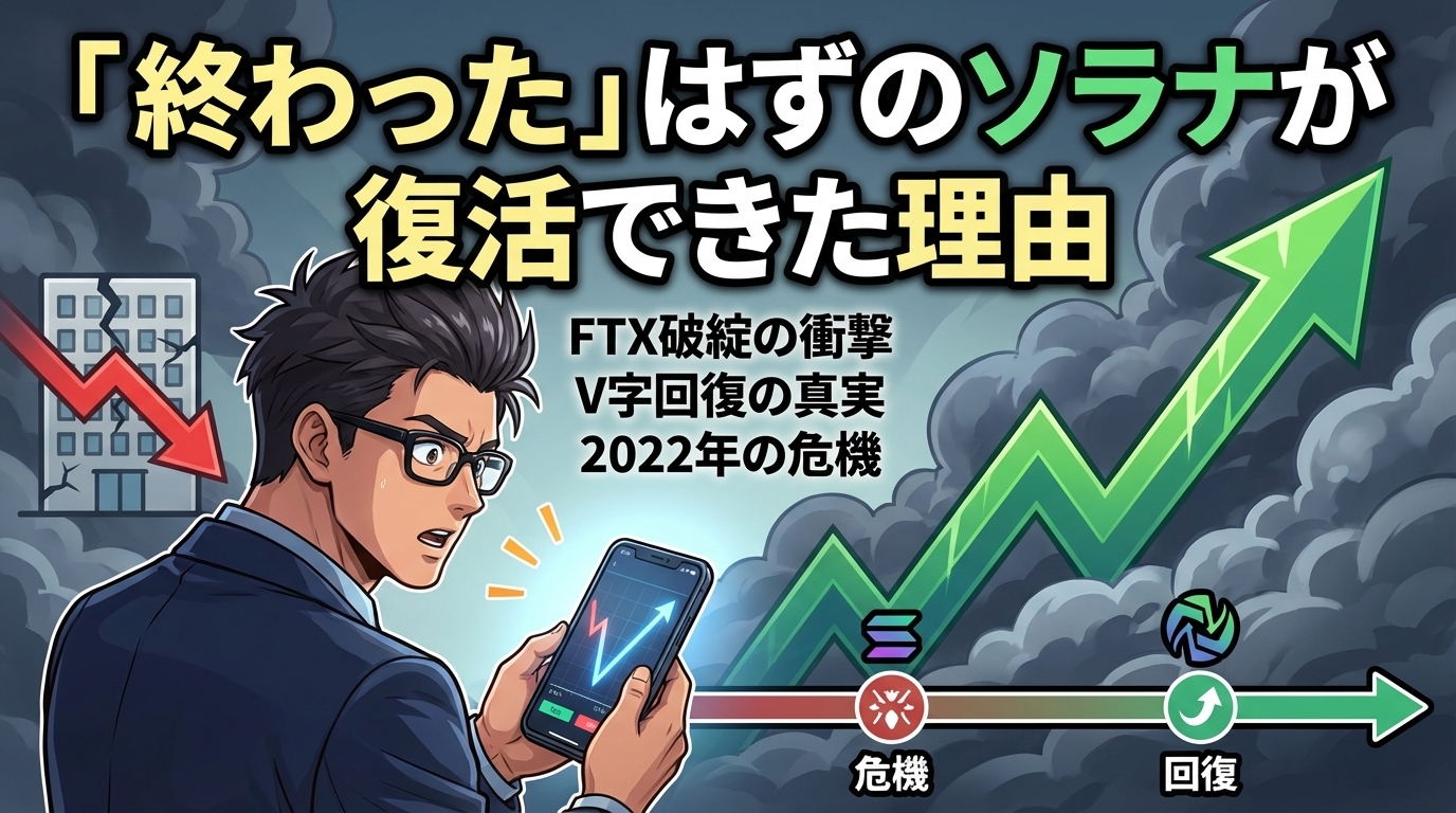 仮想通貨ソラナが終わったはずなのに復活できた理由を説明する記事の見出し画像で、スマートフォンで取引画面を見る眼鏡をかけたビジネスマンと、背景に下落から上昇へ転じる緑色の矢印グラフが描かれたイラスト