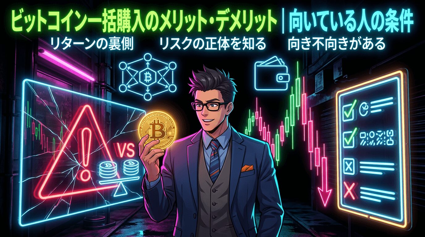 仮想通貨を手に持つ眼鏡をかけたスーツ姿の男性と価格変動グラフや確認項目を示す光るイラスト