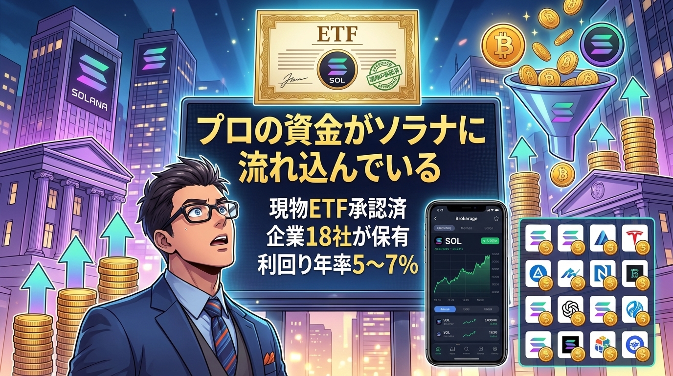 ソラナの現物投資信託に機関投資家の資金が流入していることを示すイラストで、承認済み証明書と利回り年率5から7%の説明文とビットコインやソラナのロゴが描かれた画像