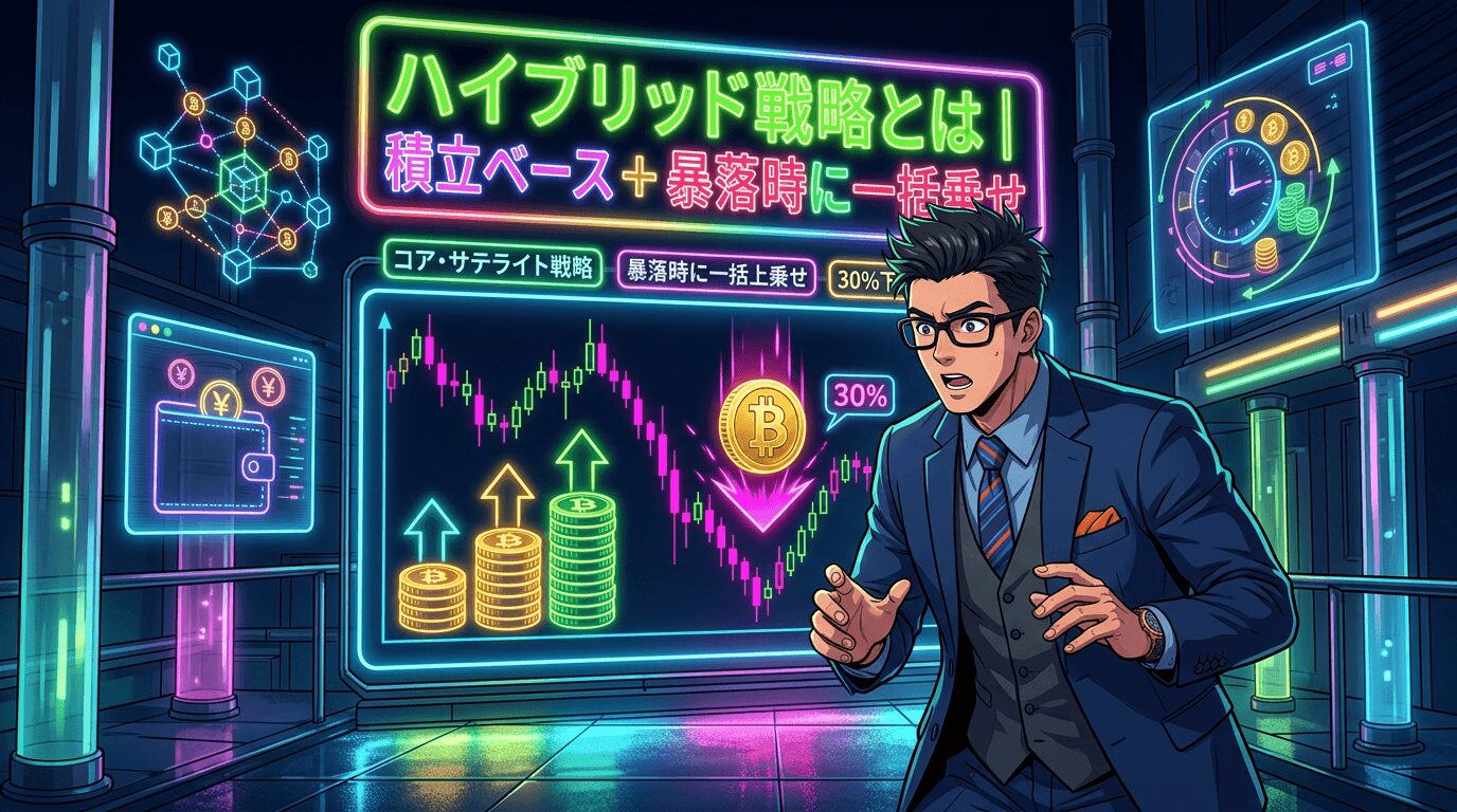 スーツ姿の男性が仮想通貨と株式の組み合わせ戦略を説明する様子を示したネオン風の図解