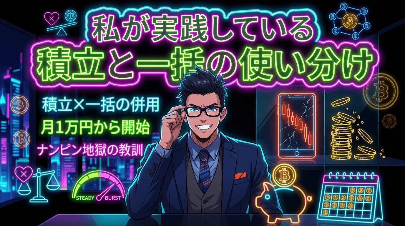 積立と一括の使い分けを説明する眼鏡をかけたスーツ姿の男性と仮想通貨の投資に関する図解イラスト