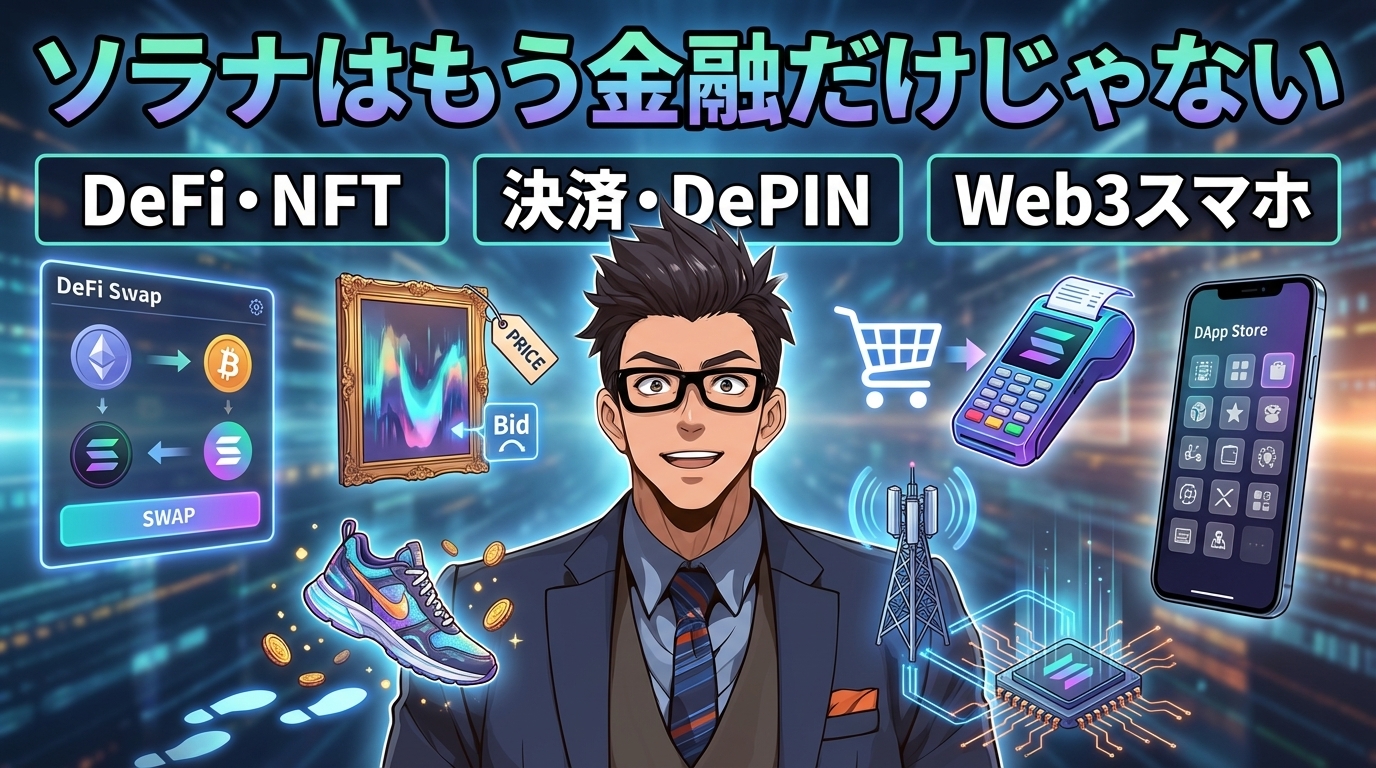 ソラナはもう金融だけじゃないと説明する眼鏡をかけたビジネスマンと分散型金融やNFT決済や次世代スマホ機能のイラスト