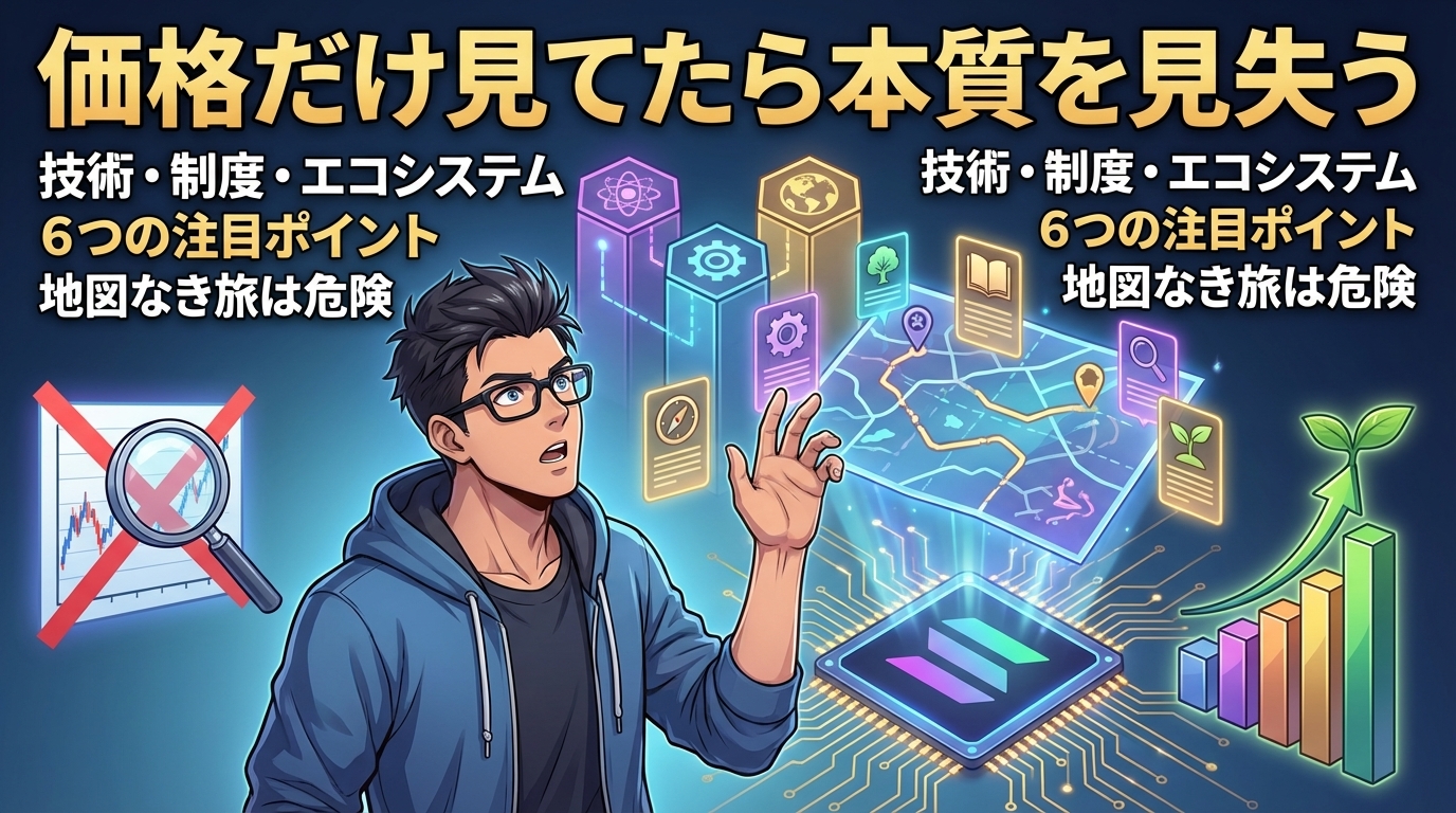 暗号資産投資で価格だけ見ずに技術や制度やエコシステムなど6つの注目ポイントを確認する重要性を説明する眼鏡をかけた男性とデジタル地図や成長グラフのイラスト