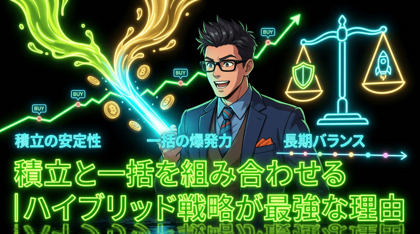 眼鏡をかけたスーツ姿の男性が上昇する株価チャートと仮想通貨のコインを背景に、積立の安定性と一括の爆発力と長期バランスを示す天秤のイラストと共に、積立と一括を組み合わせる投資戦略が最強な理由を説明する図