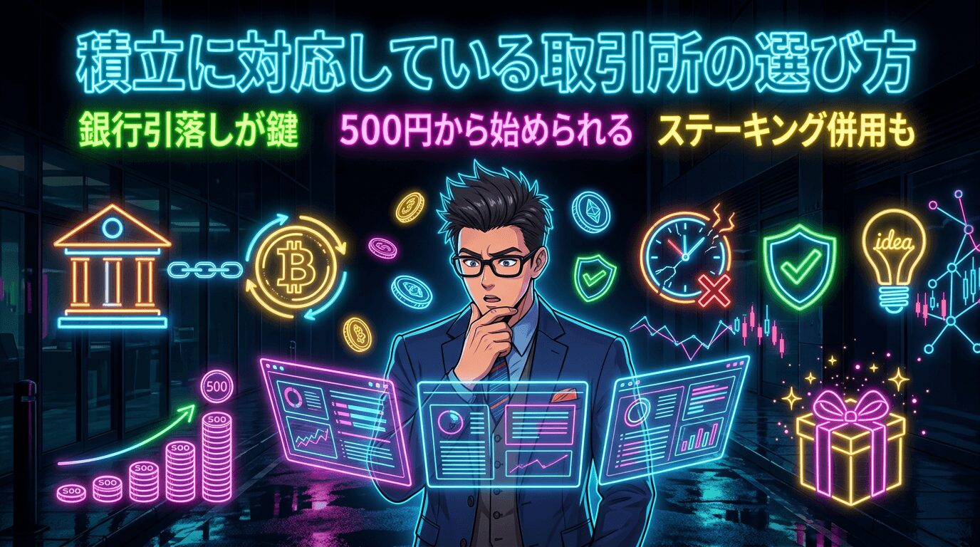 積立に対応している仮想通貨取引所の選び方を解説する画像で銀行引落しが鍵で500円から始められてステーキング併用もできることを示すネオン風のイラスト