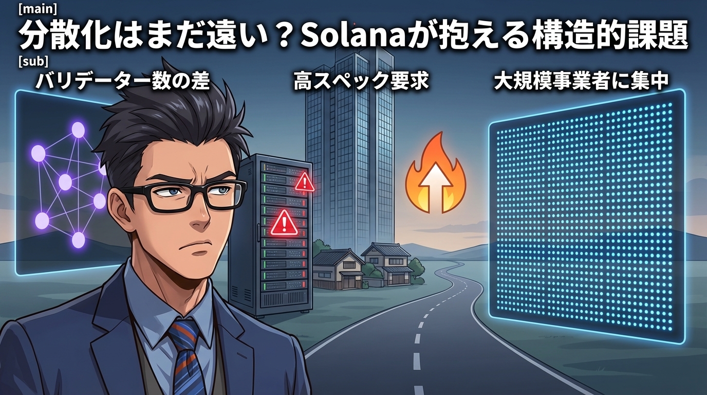 Solanaの分散化における3つの構造的課題を示す図解で検証者数の差と高性能要求と大規模事業者への集中を表現したイラスト