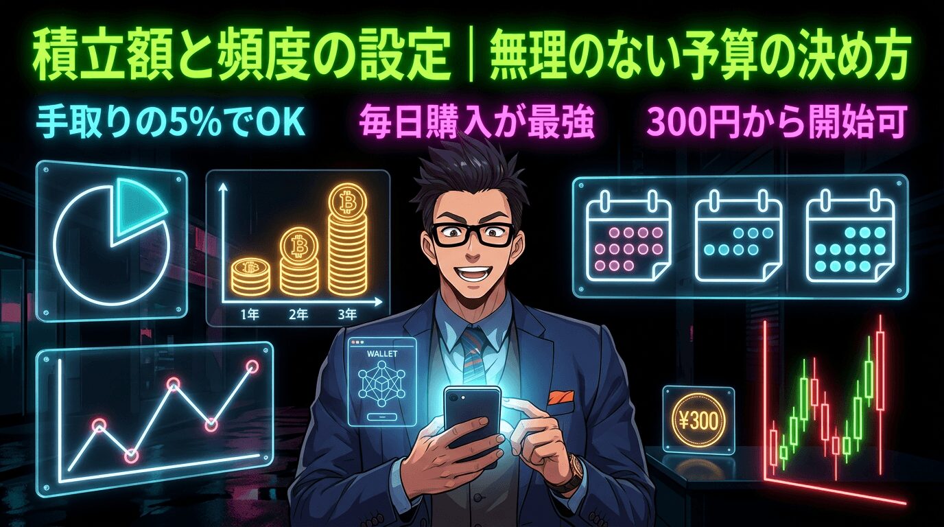 積立額と頻度の設定について説明するスーツ姿の男性とグラフや暗号資産のコイン、カレンダー、価格チャートが表示された投資説明の画像