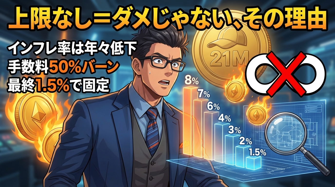 物価上昇率が下がり手数料50%割引で最終1.5%に固定される暗号資産の上限なし取引のメリットを説明する眼鏡をかけたビジネスマンと金貨と下降グラフ