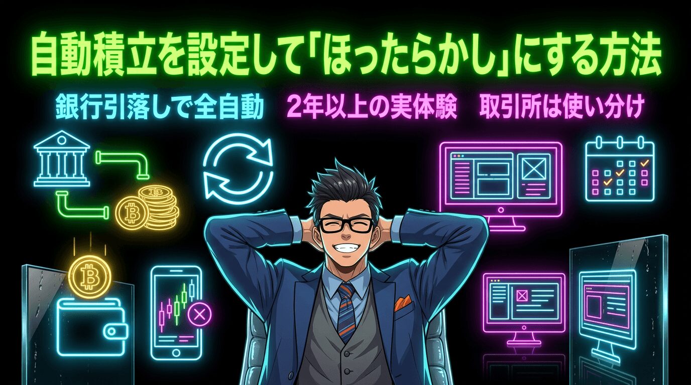仮想通貨の自動積立を設定してほったらかしにする方法を説明する画像で、銀行引落しで全自動、2年以上の実体験、取引所は使い分けの特徴があり、眼鏡をかけたスーツ姿の男性が両手を頭の後ろで組んでリラックスしている様子と、銀行とビットコイン、チャート画面、パソコン、カレンダーなどのネオン風アイコンが描かれている