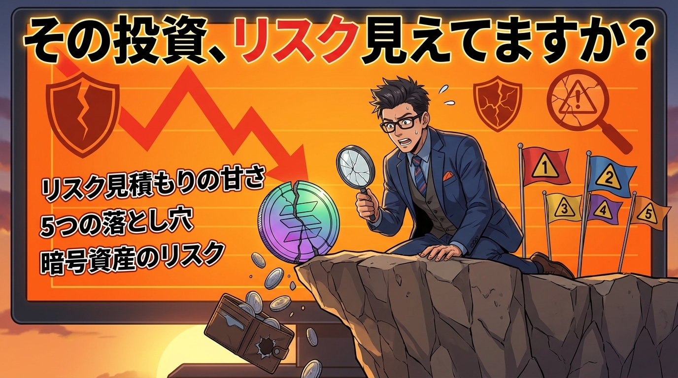 投資の危険性を警告する画像で虚通貨の下落を示す折れ線グラフと崖の上で虫眼鏡を持つ男性が描かれており危険を示す旗と盾の図が配置されている