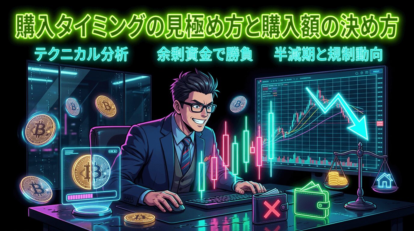 仮想通貨の購入時期の見極め方と購入額の決め方を解説する技術分析と余剰資金での勝負と半減期と規制動向の3つのポイントを示した図解