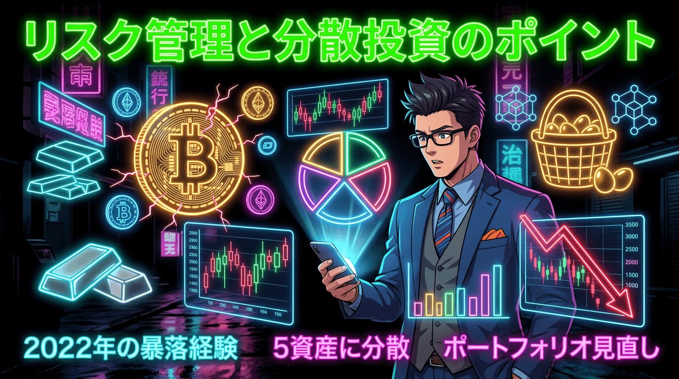 スマートフォンを持つビジネスマンと仮想通貨や株価チャートのネオンサイン、リスク管理と分散投資のポイントを示す図解