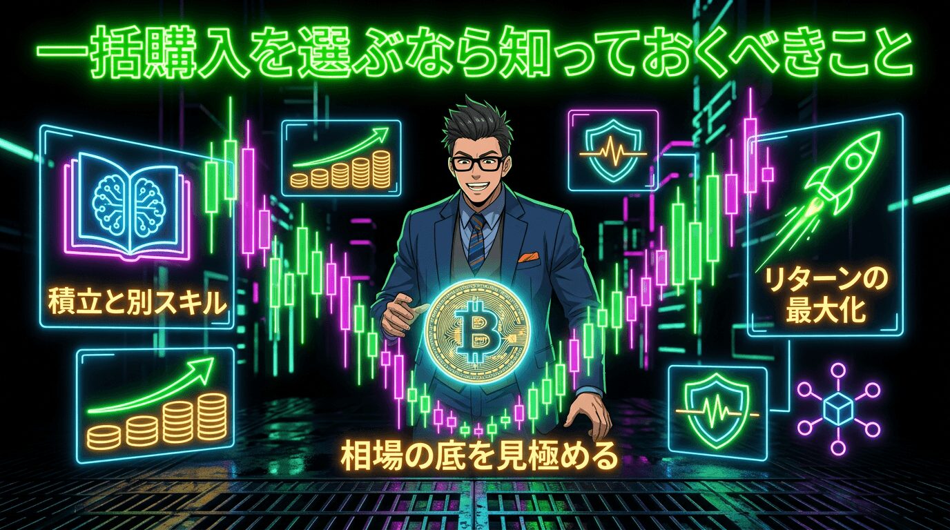 スーツ姿の男性がビットコインを持ち、値動きを示す価格チャートや積立と別スキル、リターンの最大化などの光る文字が周囲に浮かぶ仮想通貨投資の解説図
