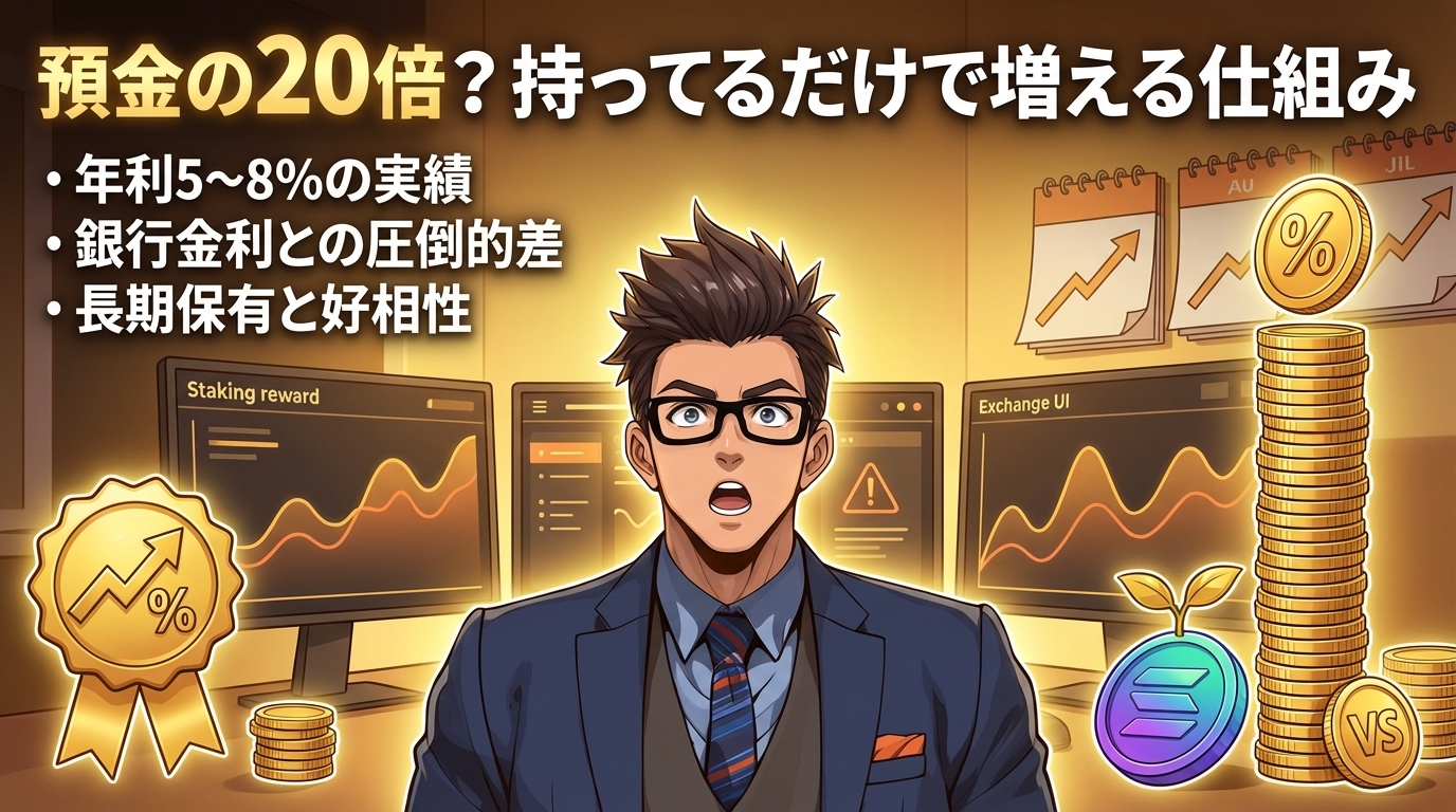 預金の20倍持つだけで増える仕組みを説明する眼鏡をかけたスーツ姿の男性と年利5から8%の実績や銀行金利との差を示す金融グラフや金貨のイラスト