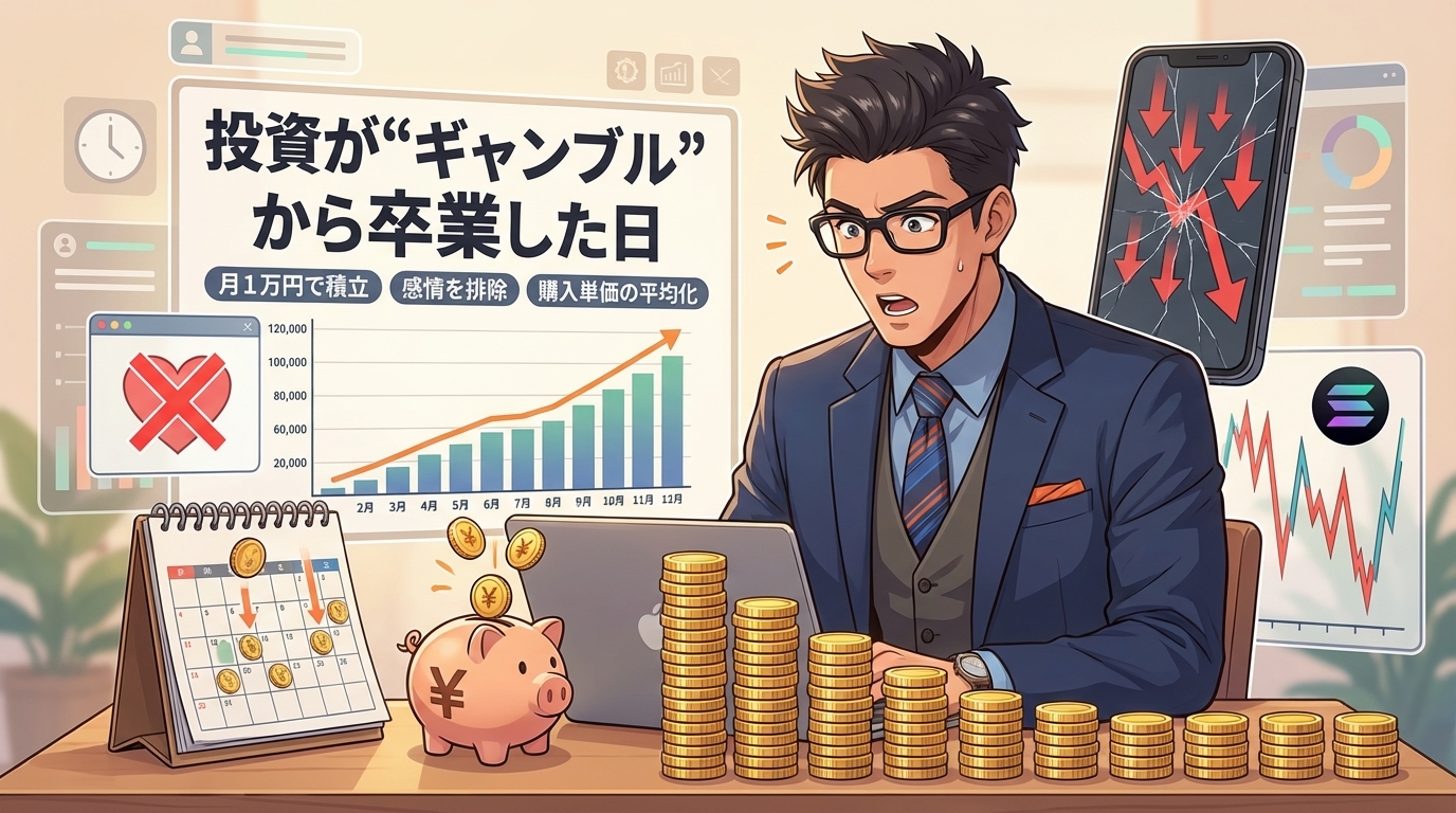 月1万円の積立投資で資産を増やしたビジネスマンと右肩上がりの資産推移グラフ